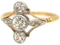 Art Deco 18ct Gold & Platinum, Three Stone Diamond Ring with Diamond Set Shoulders