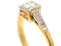 Art Deco 18ct Gold & Platinum, Diamond Solitaire Ring with Diamond Set Shoulders