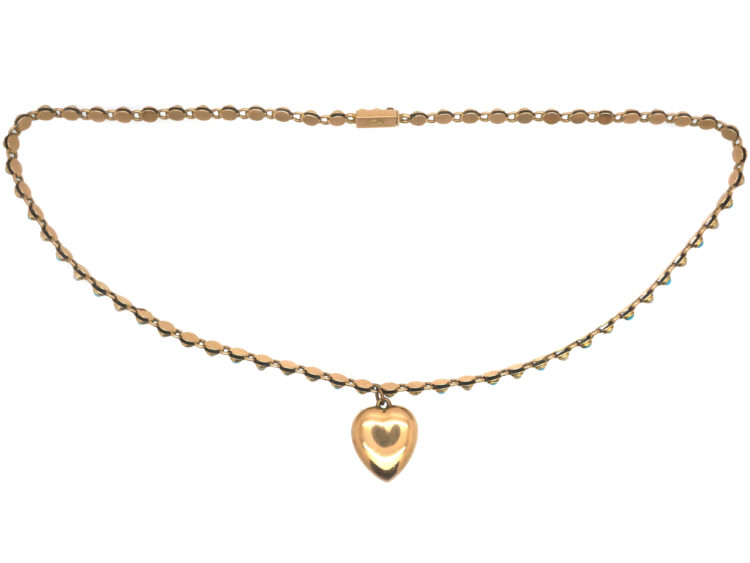 Edwardian 15ct Gold Turquoise & Natural Split Pearl Heart on a 15ct Gold & Turquoise Chain