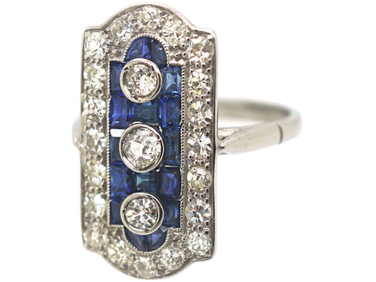 Art Deco Platinum, Sapphire & Diamond Rectangular Shaped Ring