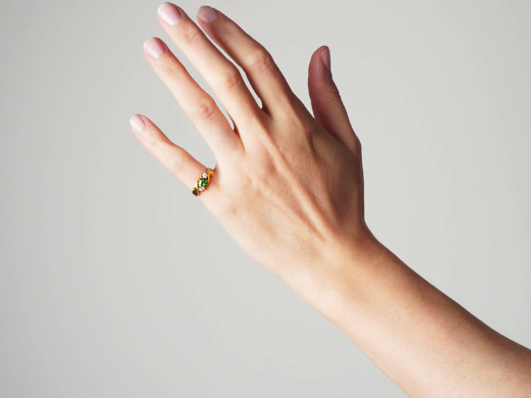 Edwardian 18ct Gold, Green Garnet & Diamond Crossover Ring