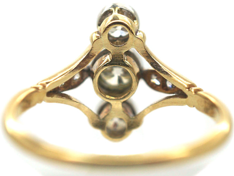 Art Deco 18ct Gold & Platinum, Three Stone Diamond Ring with Diamond Set Shoulders