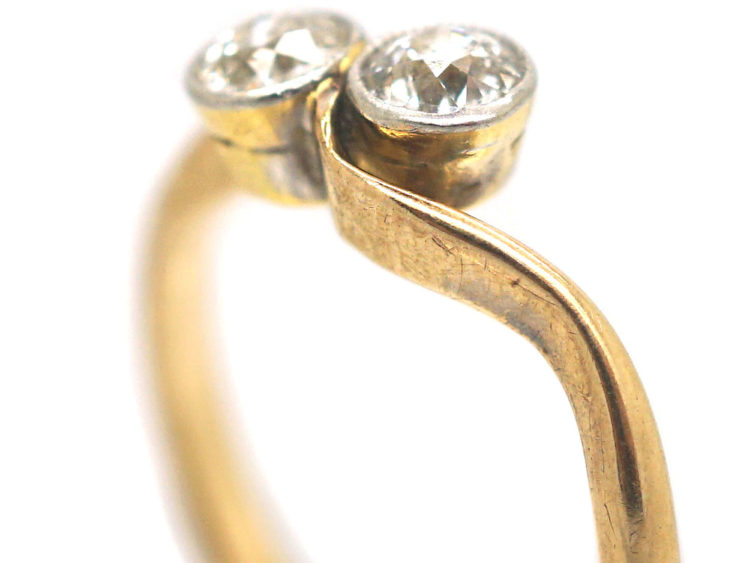 Edwardian 18ct Gold & Platinum, Two Stone Diamond Crossover Ring