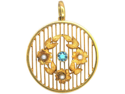 Edwardian 15ct Gold Aquamarine & Natural Split Pearl Round Pendant