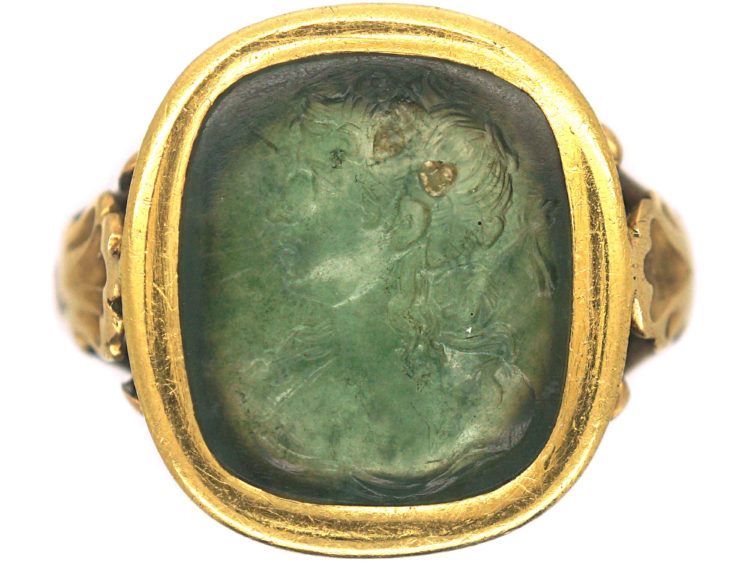 Georgian 15ct Gold Carved Moss Agate Ring with Intaglio of Dionysus, the Greek God of Wine