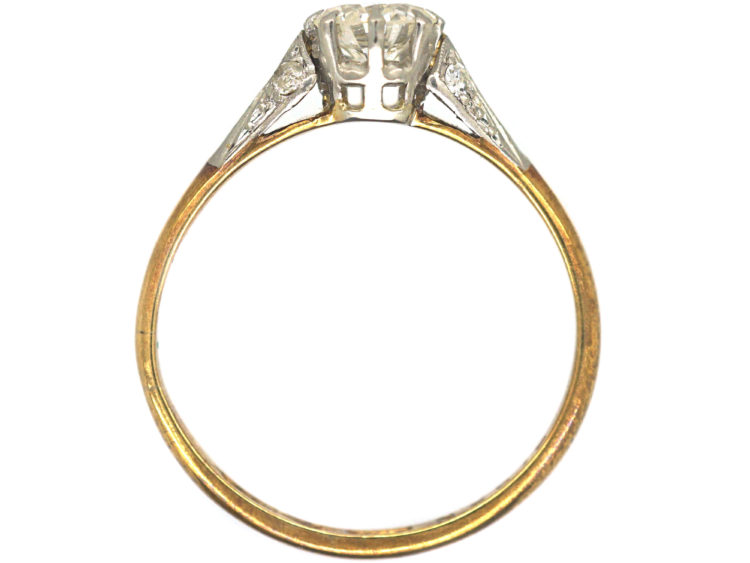 Art Deco 18ct Gold & Platinum, Diamond Solitaire Ring with Diamond Set Shoulders