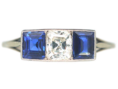 Art Deco Platinum, Sapphire & Diamond Three Stone Ring