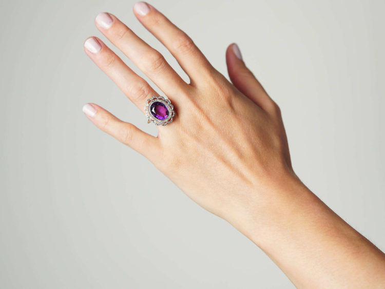 Edwardian 18ct Gold & Platinum, Amethyst & Rose Diamond Cluster Ring