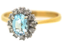 18ct Gold Aquamarine & Diamond Oval Cluster Ring