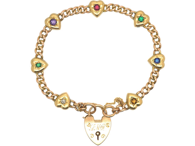 Edwardian 15ct Gold Hearts & Curb Motif Bracelet set with Gemstones that Spell Dearest