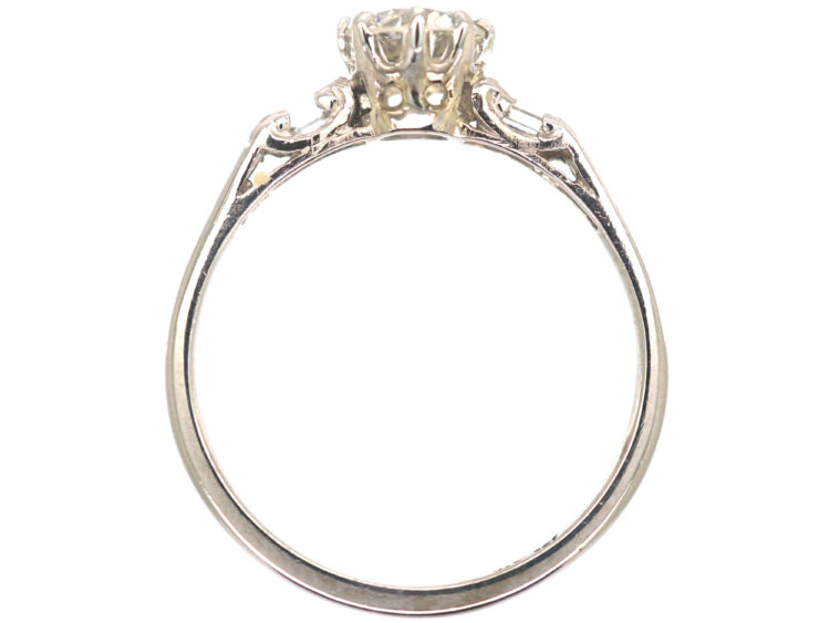 Art Deco Platinum & Diamond Solitaire Ring with Baguette Diamond Shoulders