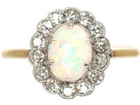 Edwardian 18ct Gold & Platinum, Opal & Diamond Cluster Ring