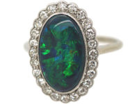 Edwardian 18ct White Gold & Platinum, Black Opal & Diamond Oval Cluster Ring