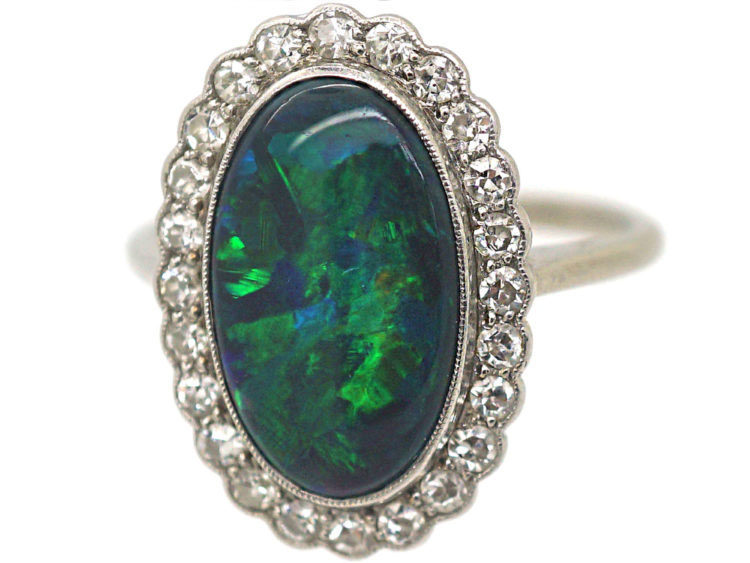 Edwardian 18ct White Gold & Platinum, Black Opal & Diamond Oval Cluster Ring