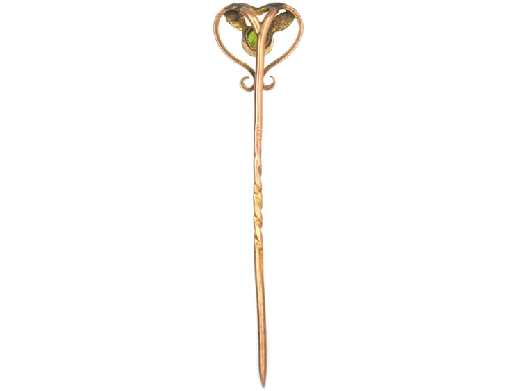 Edwardian 15ct Gold Green Garnet & Natural Split Pearl Heart Shaped Tie Pin