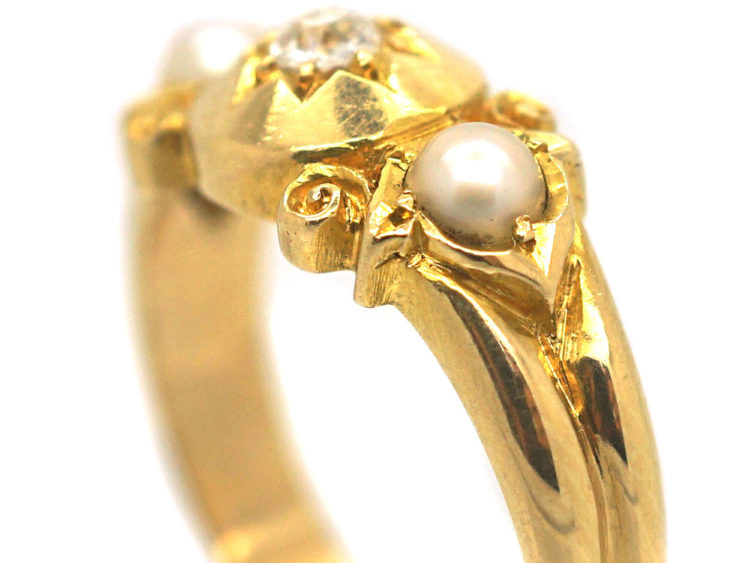Edwardian 18ct Gold Diamond & Two Natural Split Pearls Ring