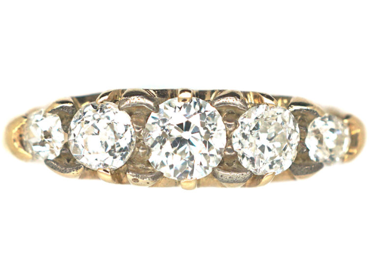 Edwardian 18ct Gold Five Stone Diamond Carved Half Hoop Ring