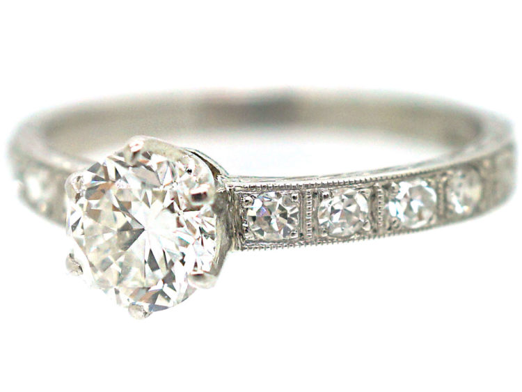 Art Deco Platinum Diamond Solitaire Ring with Diamond Set Shoulders