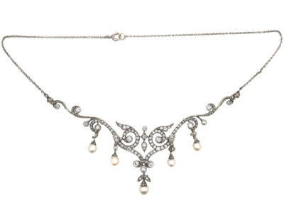 Edwardian 15ct Gold & Platinum, Natural Pearl & Diamond Necklace in Original Case