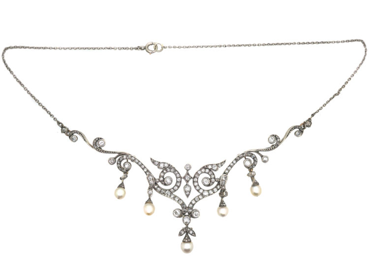 Edwardian 15ct Gold & Platinum, Natural Pearl & Diamond Necklace in Original Case