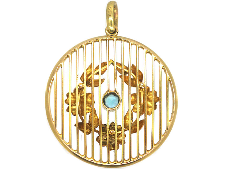 Edwardian 15ct Gold Aquamarine & Natural Split Pearl Round Pendant