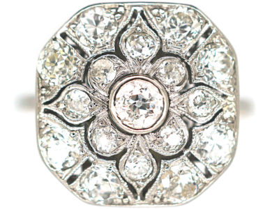 Art Deco Platinum & Diamond Plaque Ring with Flower Motif
