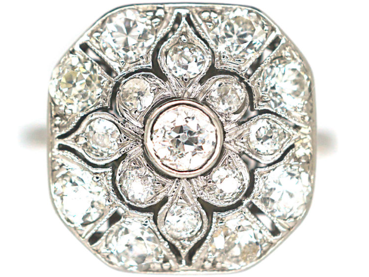 Art Deco Platinum & Diamond Plaque Ring with Flower Motif