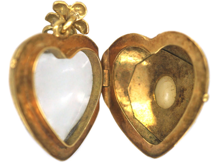 French 18ct Gold Heart Shaped pendant with Glazed Locket on Reverse set with A Natural Split Pearl Turquoise & Rose Diamonds