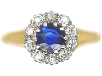 Edwardian 18ct Gold & Platinum, Sapphire & Diamond Cluster Ring