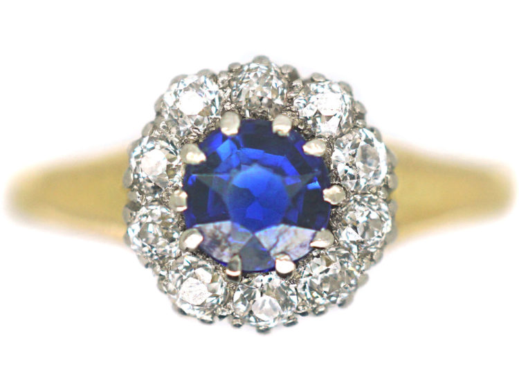Edwardian 18ct Gold & Platinum, Sapphire & Diamond Cluster Ring