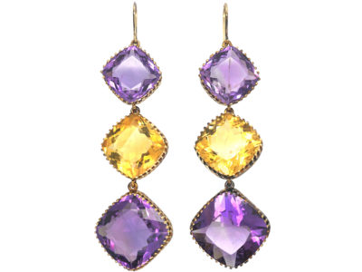 Large Victorian 15ct Gold Amethyst & Citrine Long Drop Earrings
