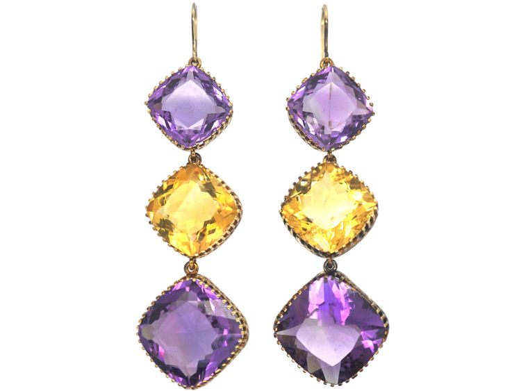 Large Victorian 15ct Gold Amethyst & Citrine Long Drop Earrings