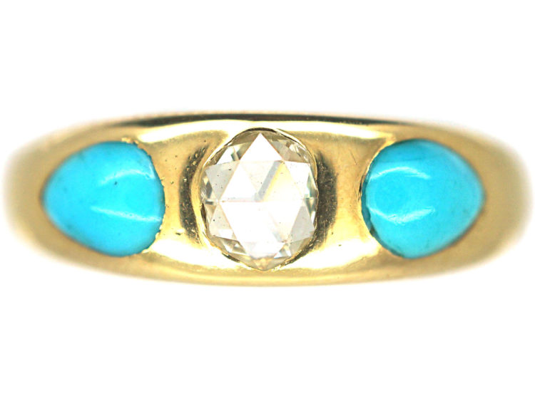 Victorian 18ct Gold, Rose Diamond & Pear Shaped Turquoise Forget Me Not Ring