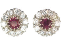 Art Deco 18ct White Gold Ruby & Diamond Cluster Earrings
