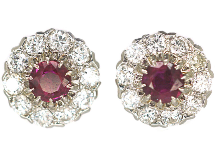 Art Deco 18ct White Gold Ruby & Diamond Cluster Earrings