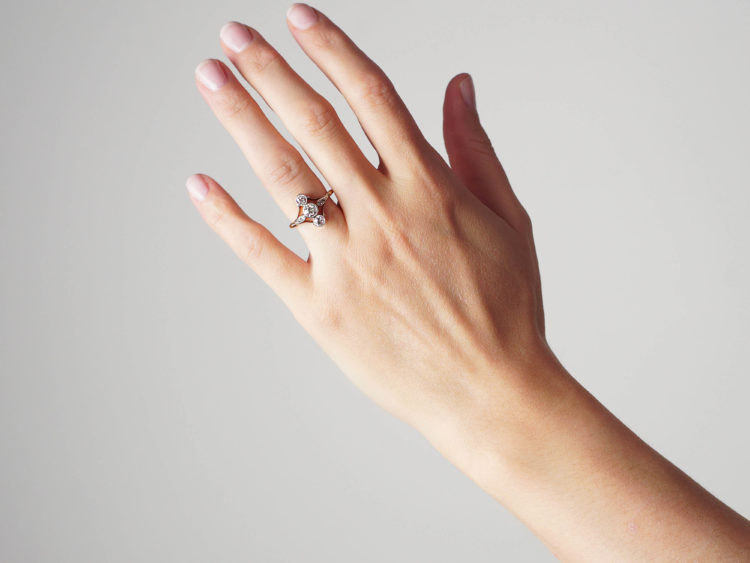 Art Deco 18ct Gold & Platinum, Three Stone Diamond Ring with Diamond Set Shoulders