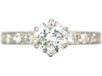 Art Deco Platinum Diamond Solitaire Ring with Diamond Set Shoulders