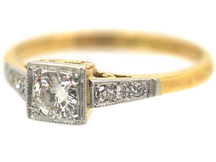 Art Deco 18ct Gold & Platinum, Diamond Solitaire Ring with Diamond Set Shoulders