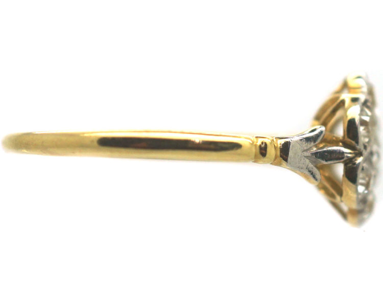 Edwardian 18ct Gold & Platinum Diamond Cluster Ring with Fleur de Lis Shoulders