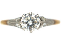 Art Deco 18ct Gold & Platinum, Diamond Solitaire Ring with Diamond Set Shoulders
