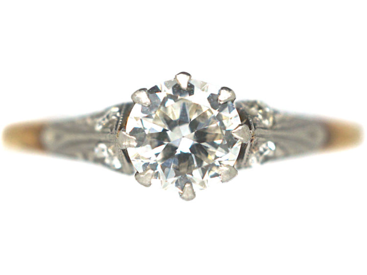 Art Deco 18ct Gold & Platinum, Diamond Solitaire Ring with Diamond Set Shoulders