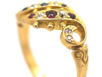 Edwardian 18ct Gold Double Crossover Ring set with Sapphires, Rubies & Diamonds