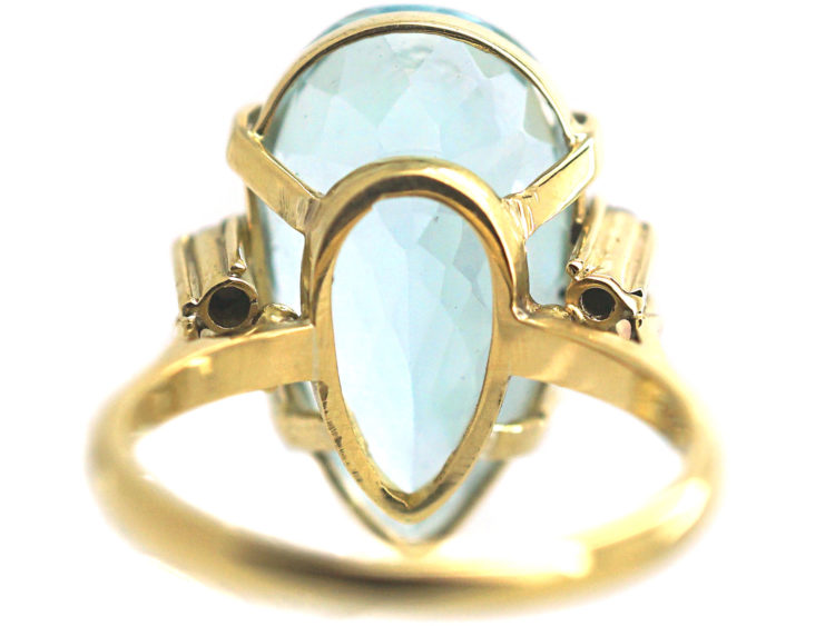 1950s 18ct Gold Large Pear Shaped Blue Topaz Ring with Diamond Set Shoulders