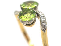 Edwardian 18ct Gold & Platinum Two Stone Peridot & Diamond Crossover Ring