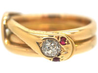 Victorian 18ct Gold Snake Ring with a Diamond Head & Ruby Eyes