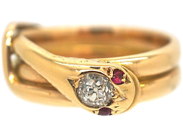 Victorian 18ct Gold Snake Ring with a Diamond Head & Ruby Eyes