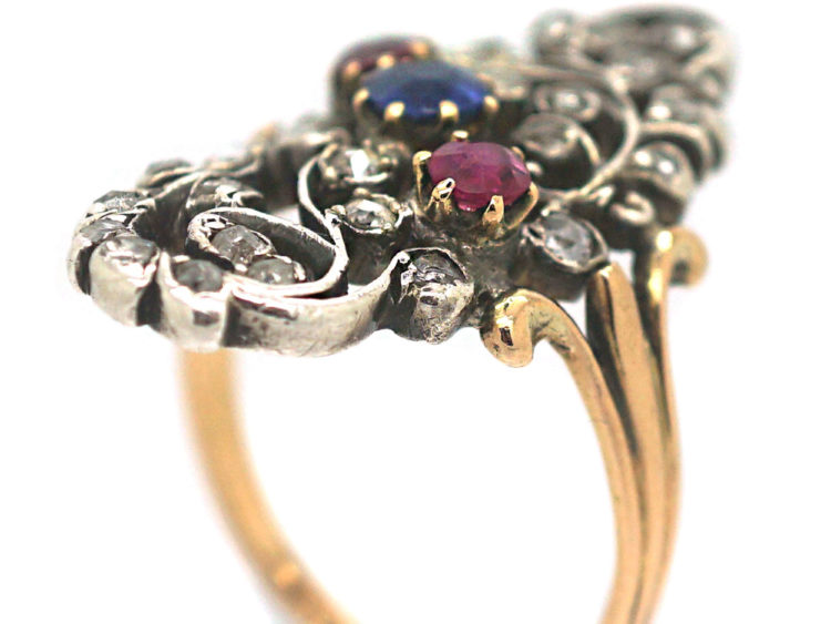 Art Nouveau Austrian 14ct Gold, Ruby Sapphire & Rose Diamond Floral Ring
