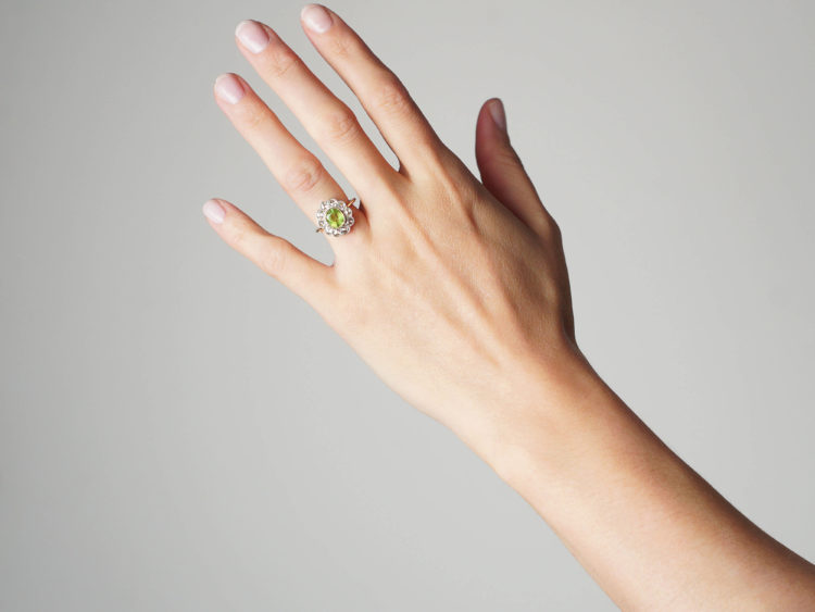 Edwardian 18ct Gold & Platinum, Peridot & Rose Diamond Cluster Ring