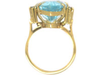1950s 18ct Gold Large Pear Shaped Blue Topaz Ring with Diamond Set Shoulders