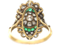 French Art Deco 18ct Gold & Platinum, Emerald & Diamond Ring with Central Diamond Cluster
